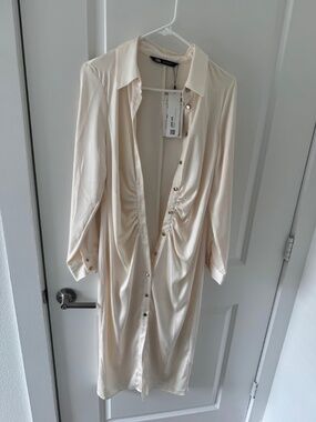 Cream Button-Down Ruched Satin Dress